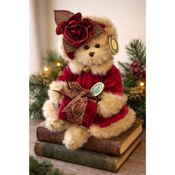 The Bearington Collection Other - Bearington Collection Limited Plush Bear Red Velvet Dress Rose Bonnet Christmas
